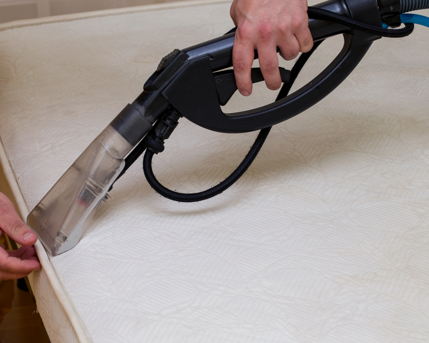 Washing a mattress with hot water and special equipment.