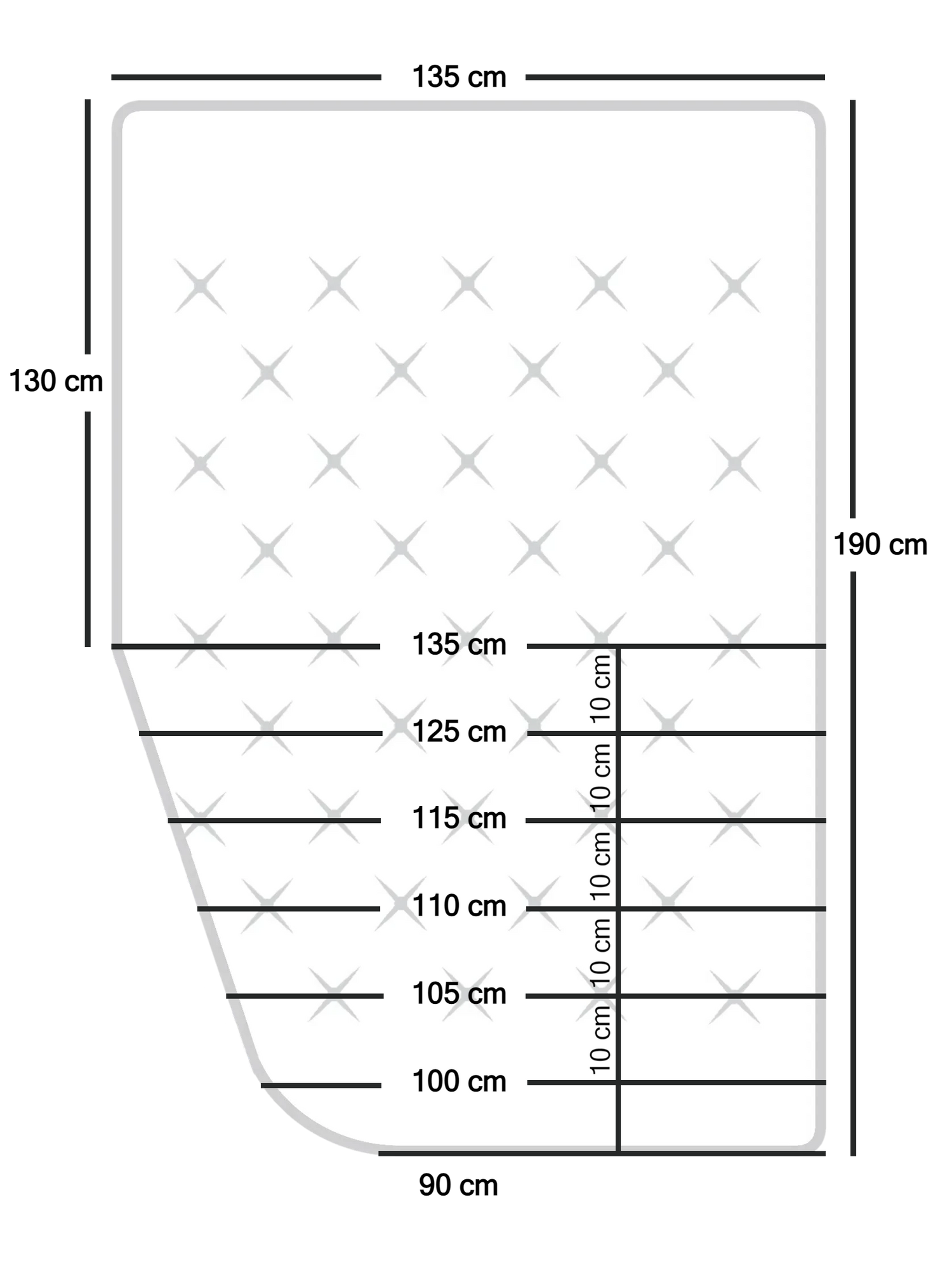 Line drawing of a mattress showing the key points of the mattress profile to measure to get an accurate fit.