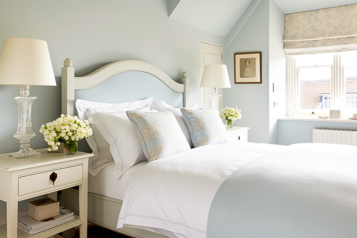Pale blue bedroom with elegant bedding and tastefully curated furniture, designed in an English country house and cottage style. Features a luxurious bespoke mattress from MyBespoke Mattress.com
