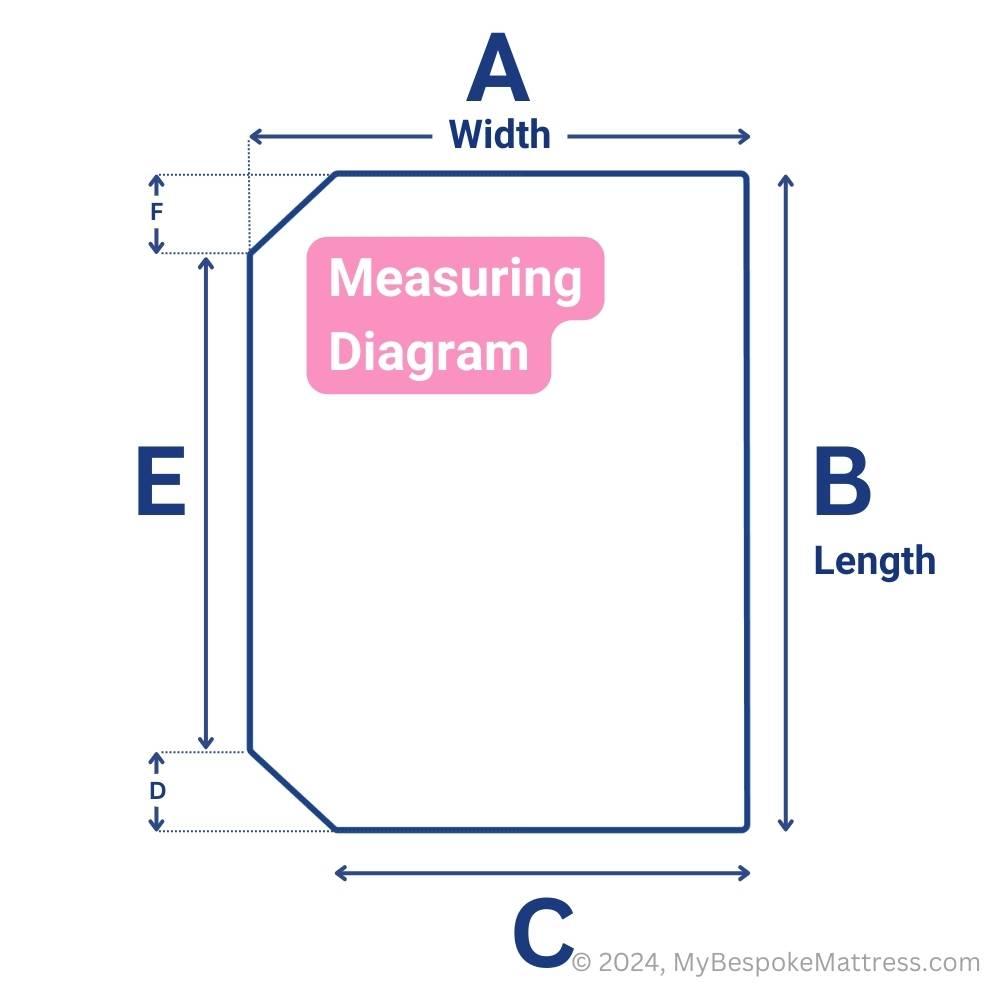 Measuring diagram for custom-fit campervan mattress topper with two corner cut-offs.
