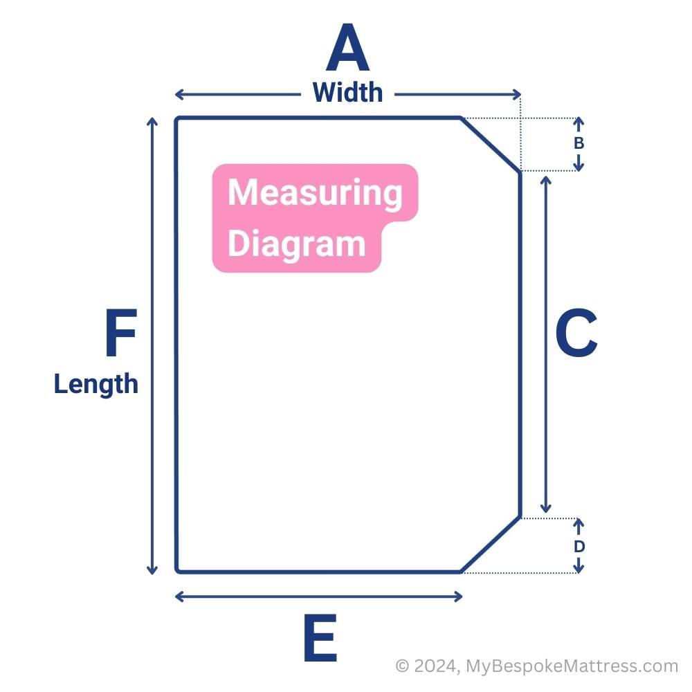 Measuring diagram for custom-fit campervan mattress topper with two corner cut-offs.