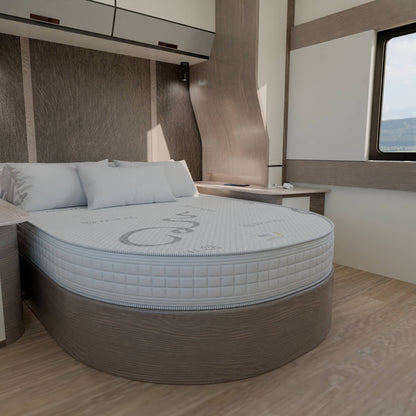 Caravan Bedroom Interior Hybrid Island Caravan Mattress In Position on the Caravans Fixed Bed