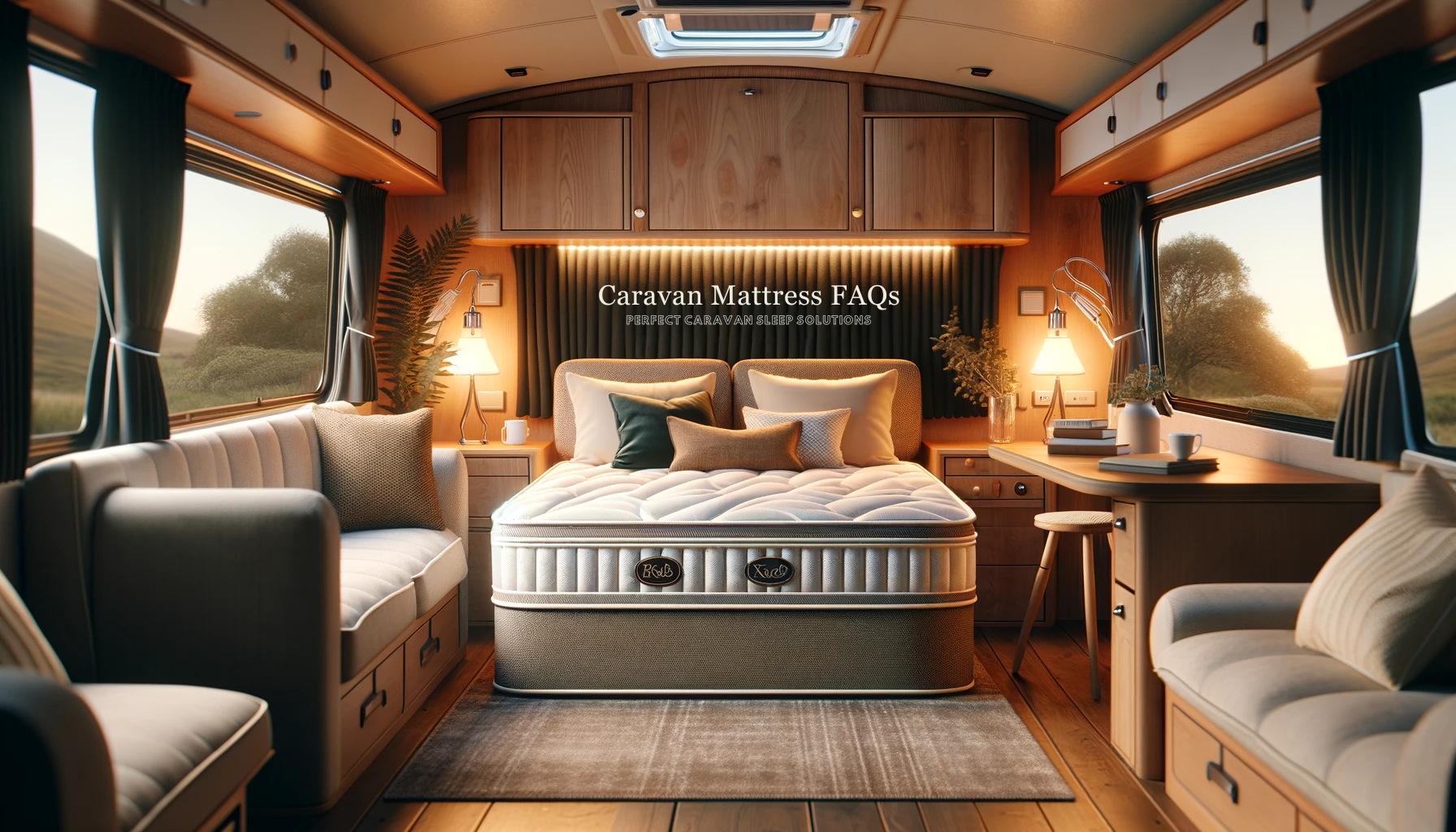 Cozy caravan interior with a bespoke mattress, soft lighting, and comfortable bedding, highlighting a serene sleeping environment for the 'Caravan Mattress FAQs' page banner
