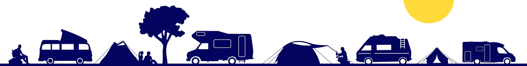 Blue silhouette of a vibrant camping scene featuring trees, people, campervans, caravans, motorhomes, tents, hikers, and a radiant sun in the sky.