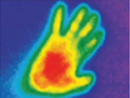 Thermal image capturing a handprint on CoolSense Foam at 0 minutes, showing immediate heat signature. 