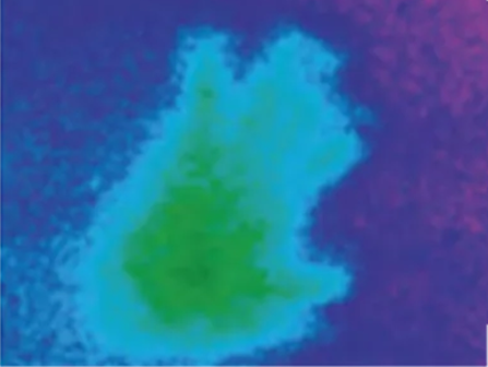 Thermal image of a handprint on ReVo™ Foam at 1 minute, colors have transitioned to blue, illustrating rapid heat dissipation for a noticeably cooler surface.