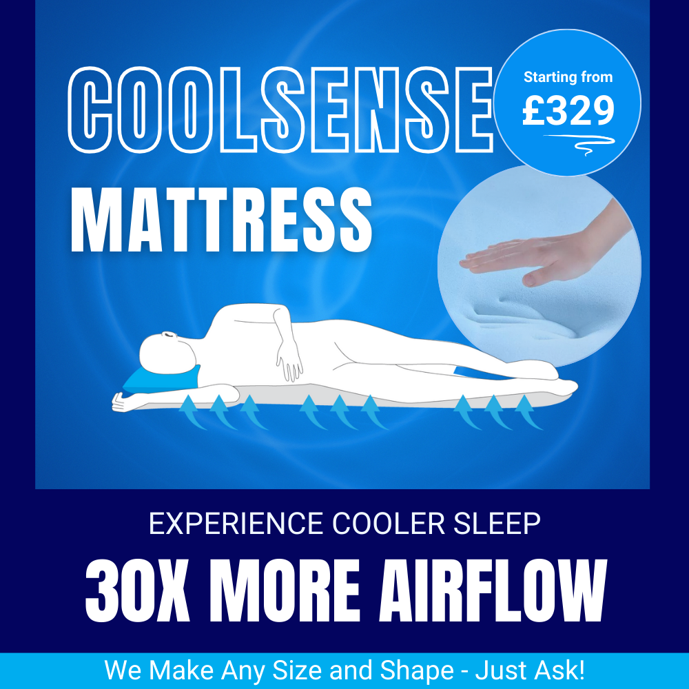Vibrant banner with a Coolsense mattress and airflow icons, emphasizing cooling technology for hot sleepers.