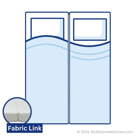Custom 2-piece foam caravan mattress with regular shape and fabric link attachment for easy setup.
