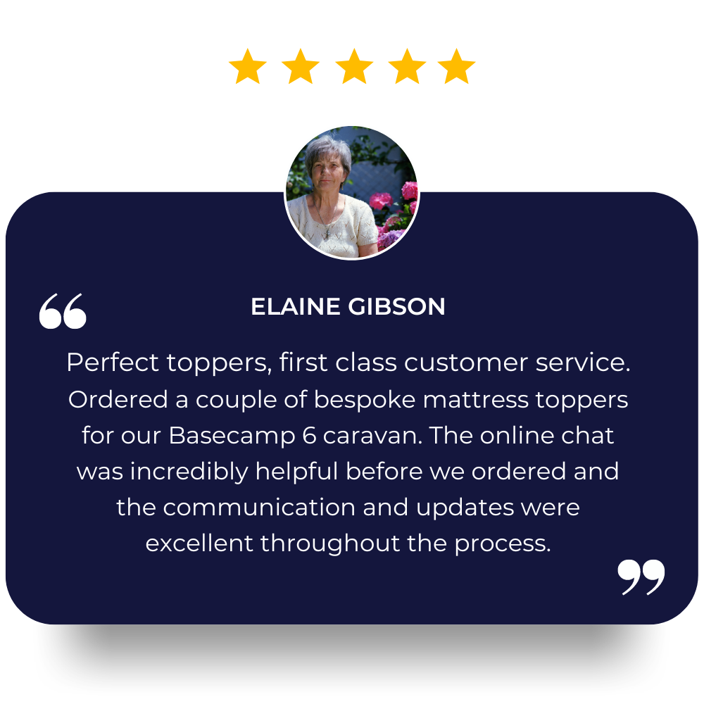 Perfect toppers, first class customer service. Ordered a couple of bespoke mattress toppers for our Basecamp 6 caravan. The online chat was incredibly helpful before we ordered and the communication and updates were excellent throughout the process.