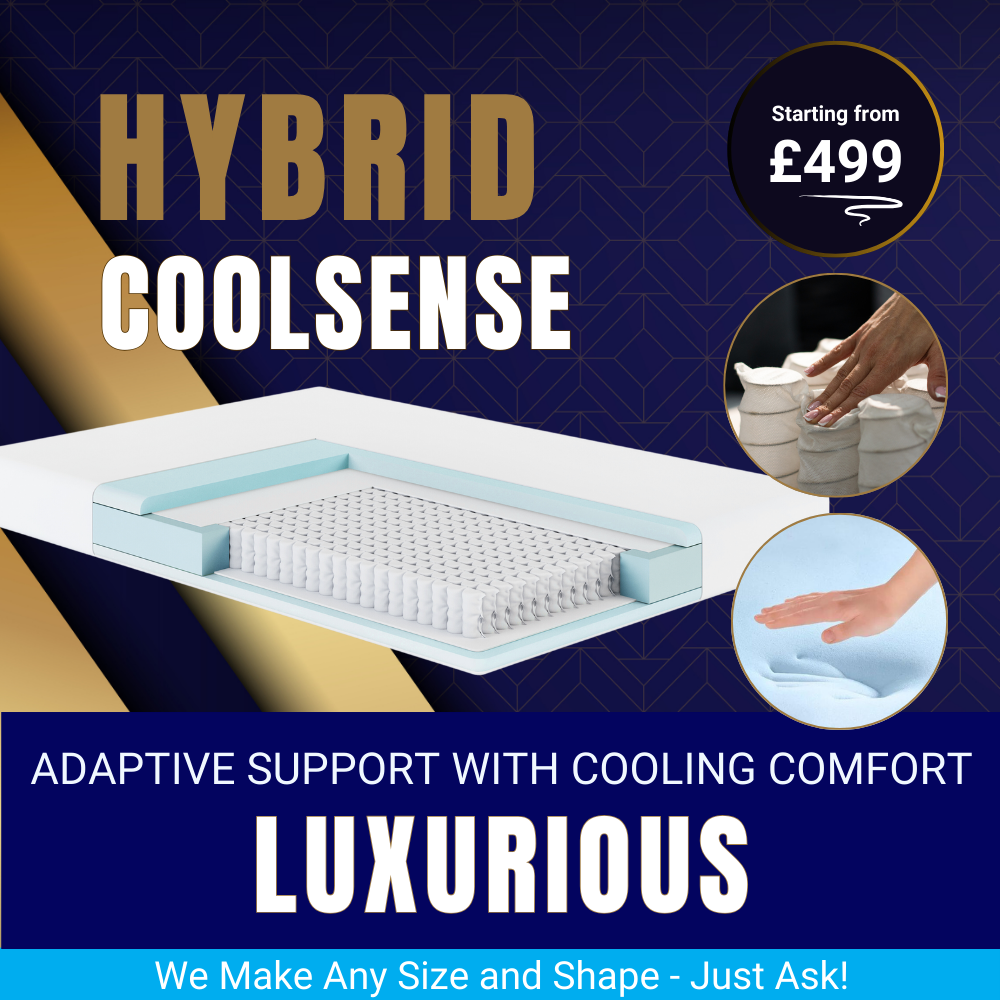 Colorful banner depicting a Hybrid Coolsense mattress with icons for cooling technology, pocket springs for support, and luxurious comfort.