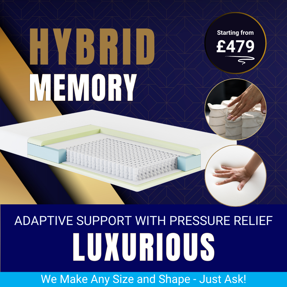 Banner showcasing a luxurious Hybrid Memory mattress, highlighting plush comfort, pocket springs for support, and its premium depth.