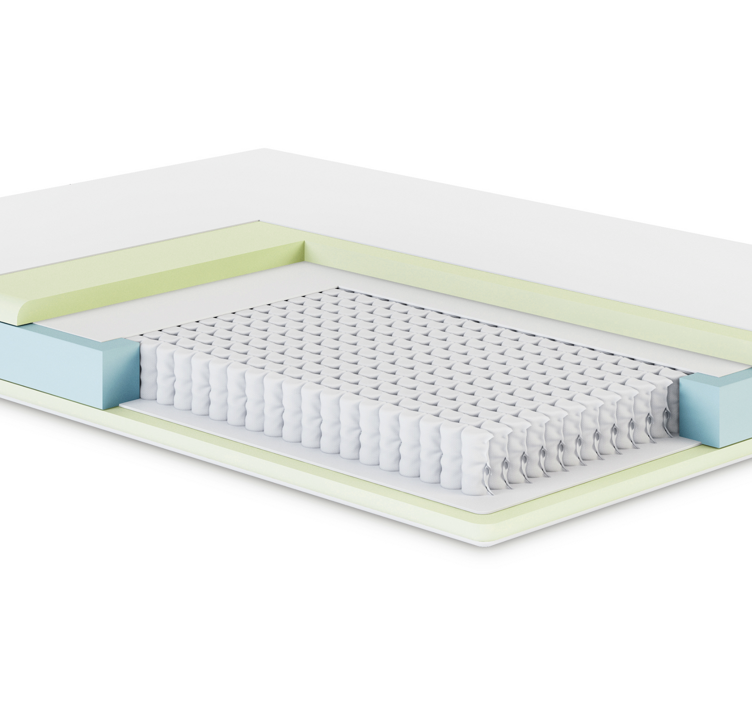 Vector graphic of a pocket-sprung mattress with a cutaway view, displaying its internal structure featuring memory foam layers for enhanced comfort and pocket springs for support.