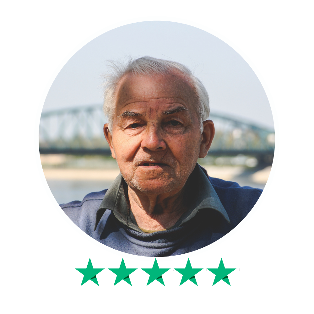 Customer photo with 5-star Trustpilot rating. Review praises WhatsApp quote for custom campervan mattress, easy ordering process, and excellent customer service.