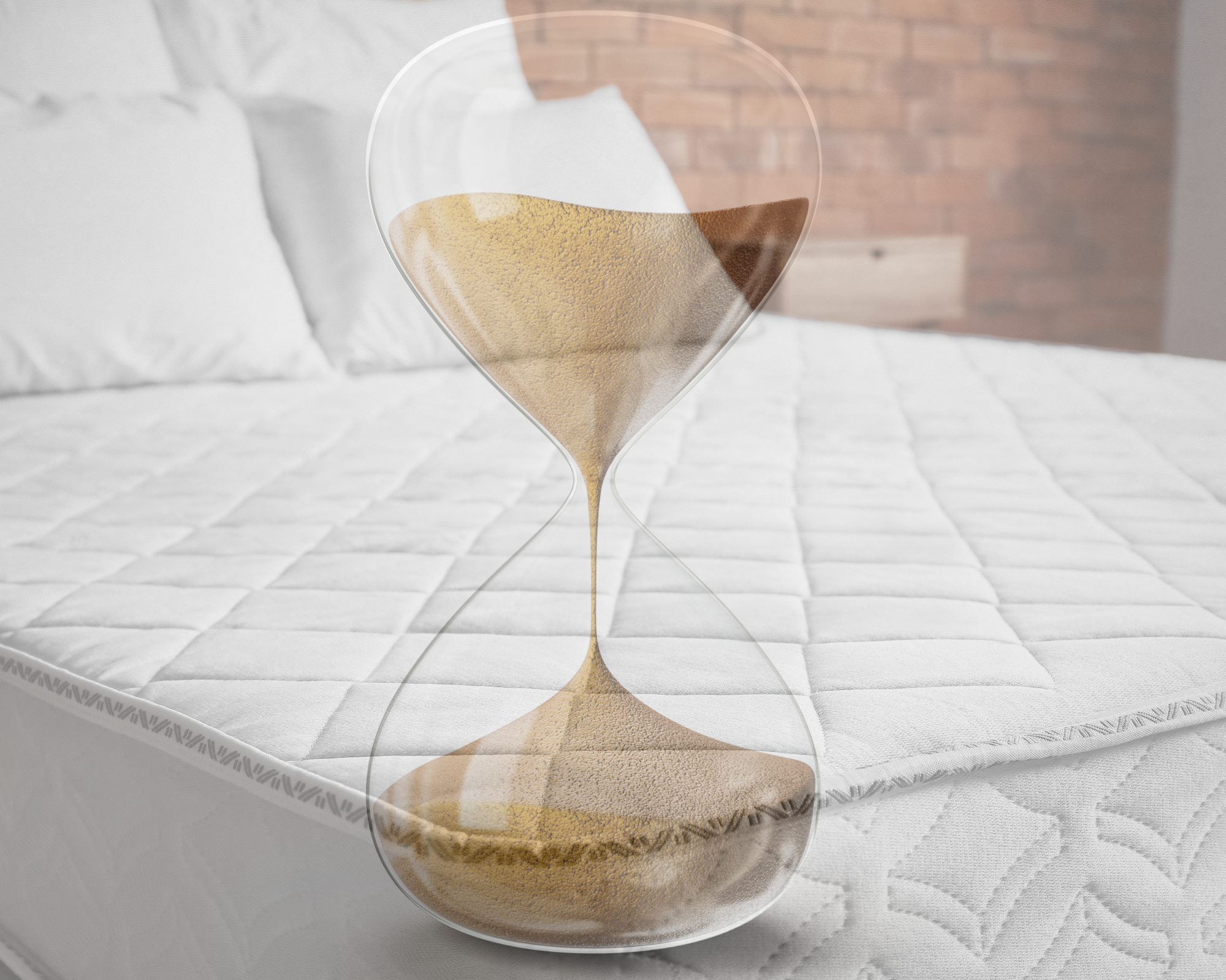 A mattress and an hourglass, symbolising the importance of considering a mattress's longevity.