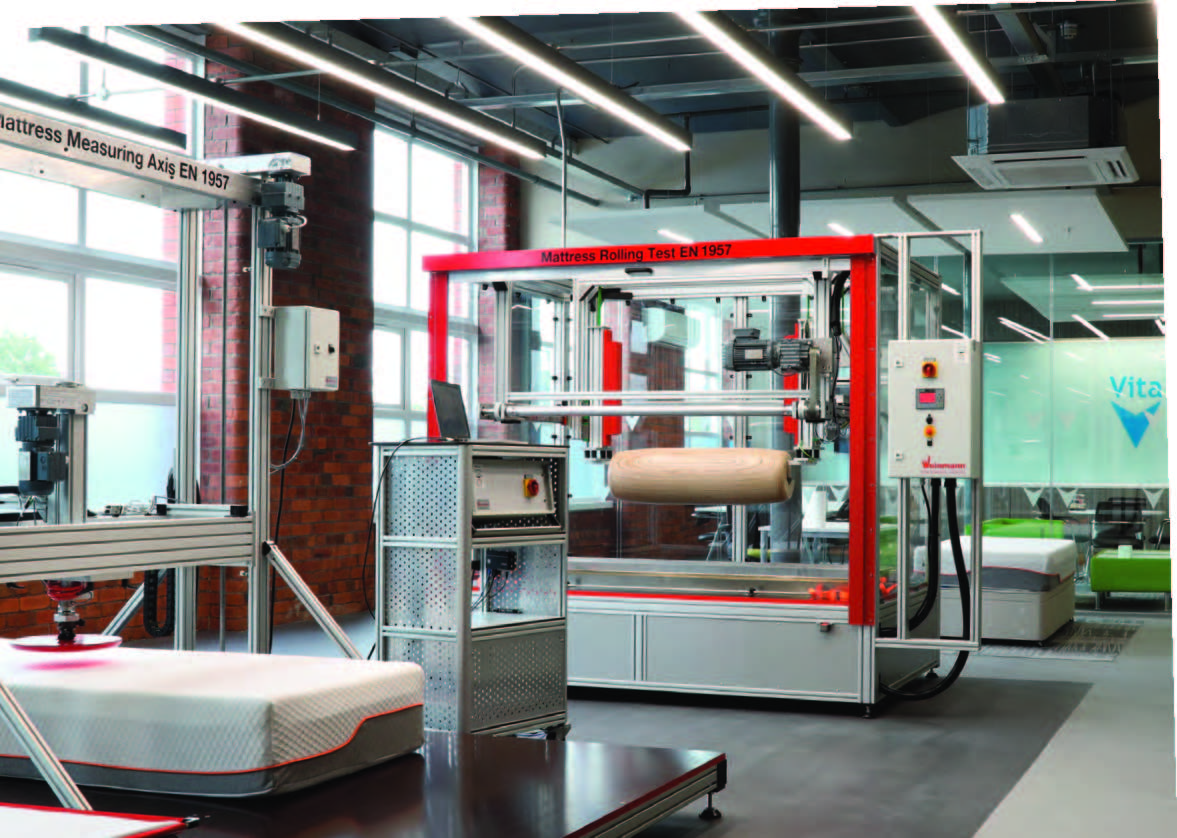 Image of three machines used for testing mattress longevity and durability, showcasing the rigorous quality assessment process