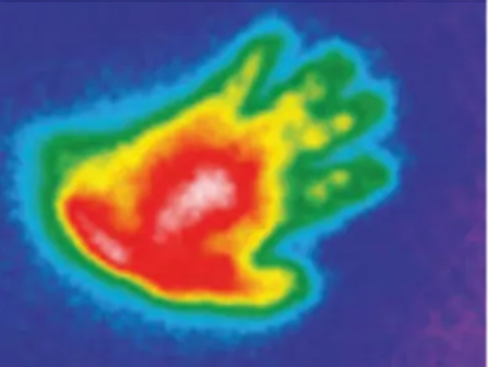 Thermal image capturing a handprint on a leading brand's visco foam at 0 minutes, displaying red and yellow colours, indicating the initial heat signature