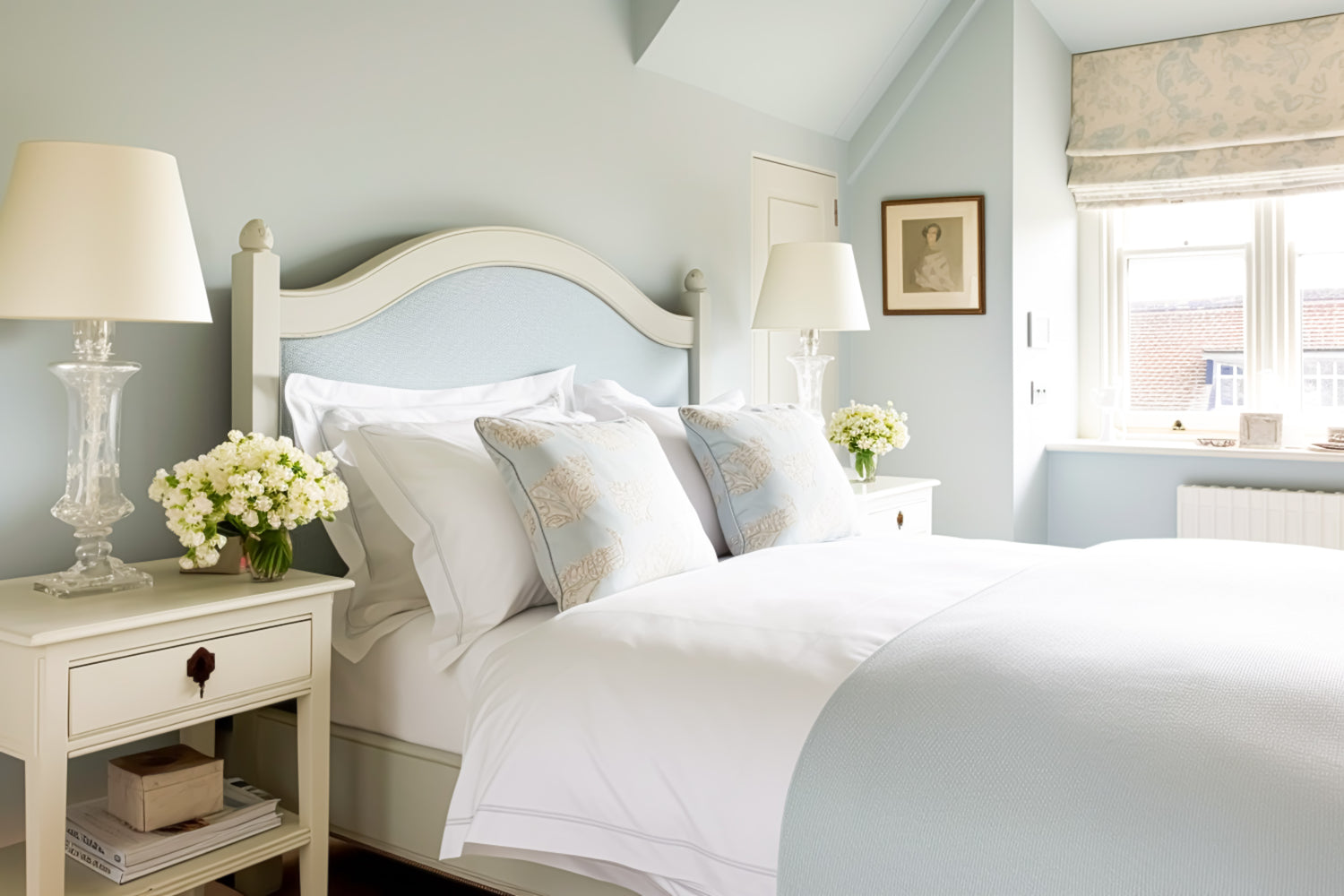 Pale blue bedroom with elegant bedding and tastefully curated furniture, designed in an English country house and cottage style. Features a luxurious bespoke mattress from MyBespoke Mattress.com