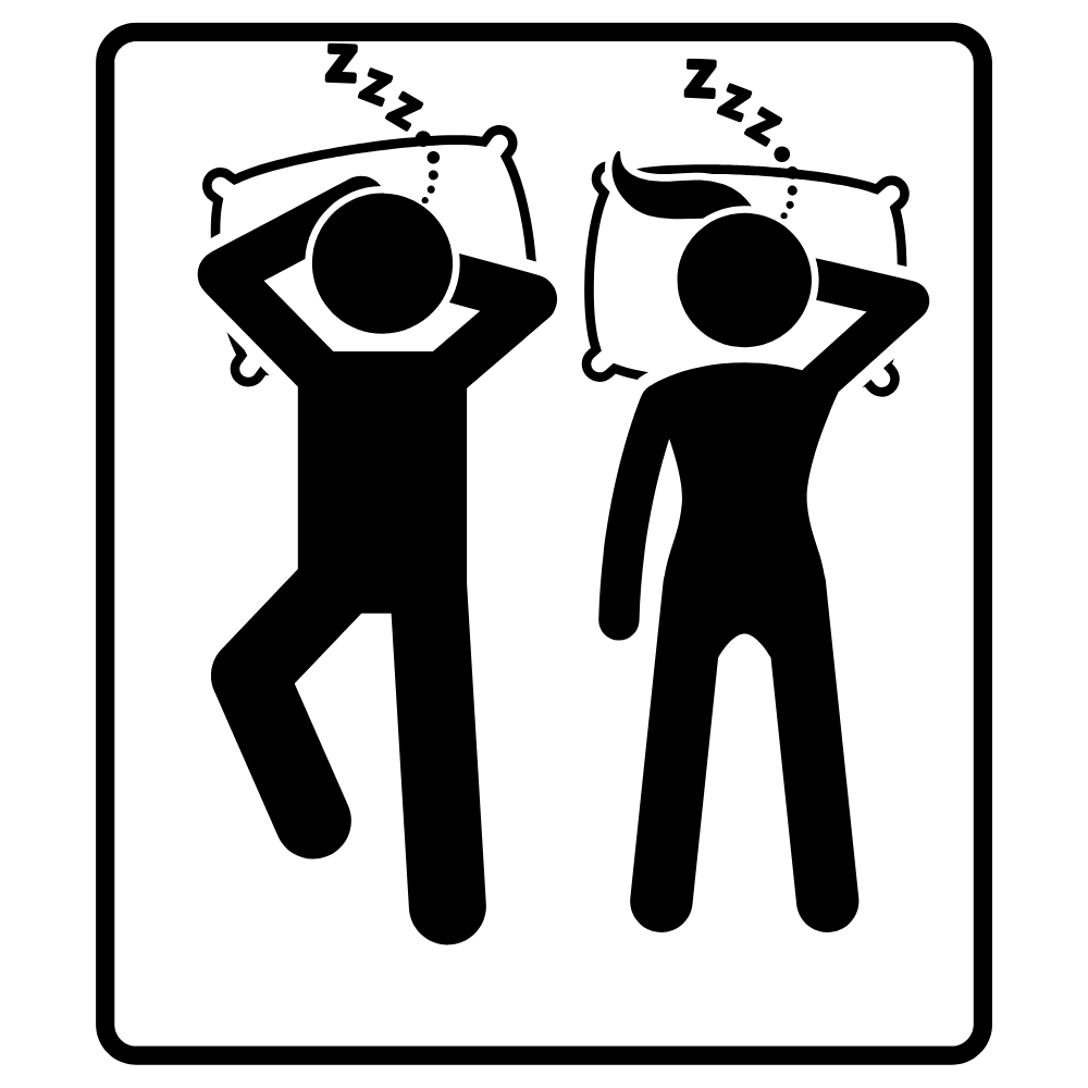Two people sleeping on a mattress, with a "no vibration" symbol between them