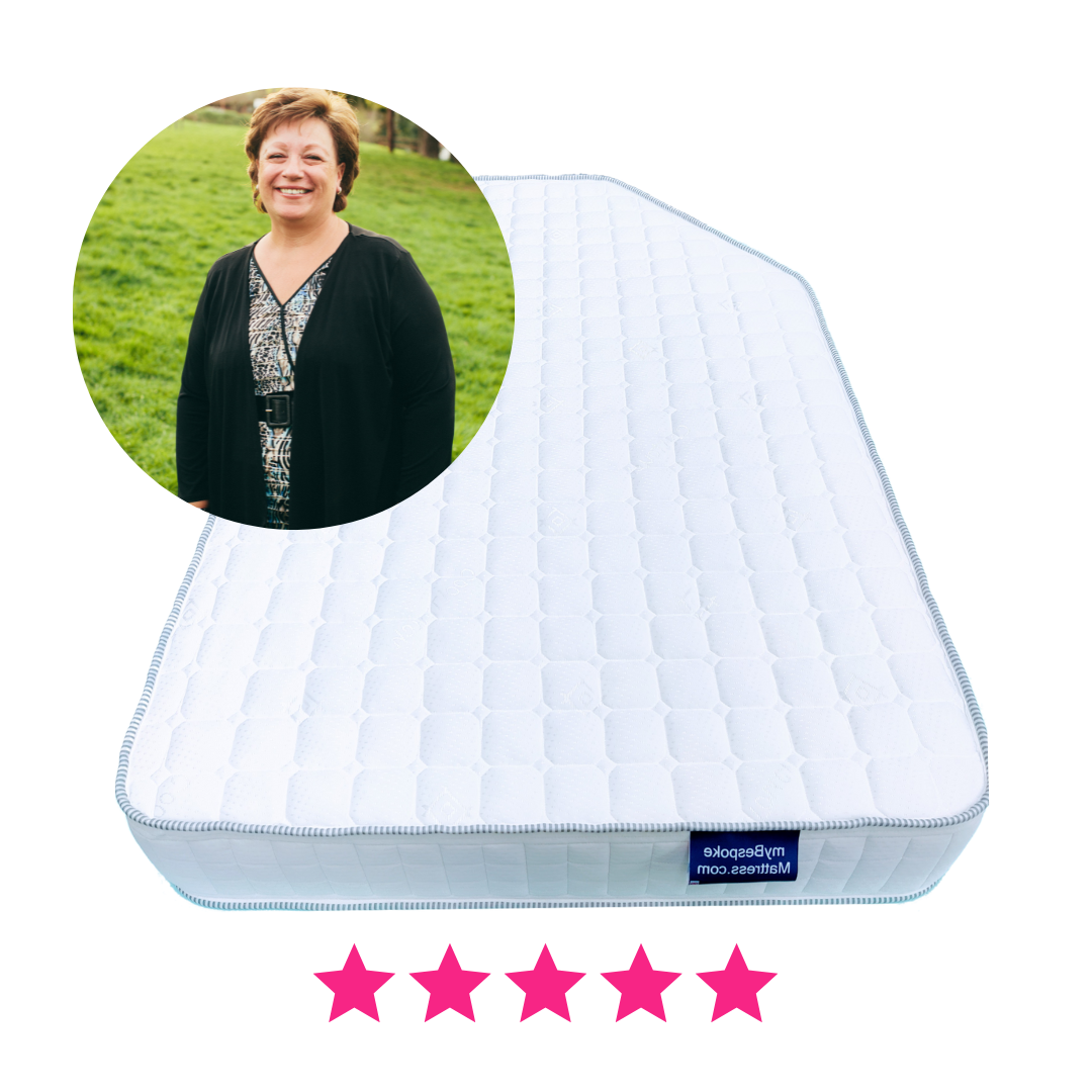 Customer testimonial about a bespoke mattress with an angled corner cut, with a customer image and her new angled cut custom mattress.