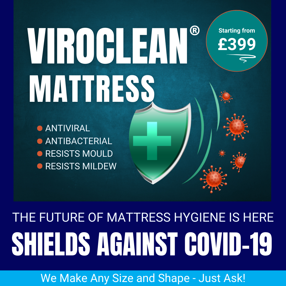 Banner featuring a Viroclean mattress with icons representing antiviral protection, antibacterial properties, and resistance to mold/mildew.