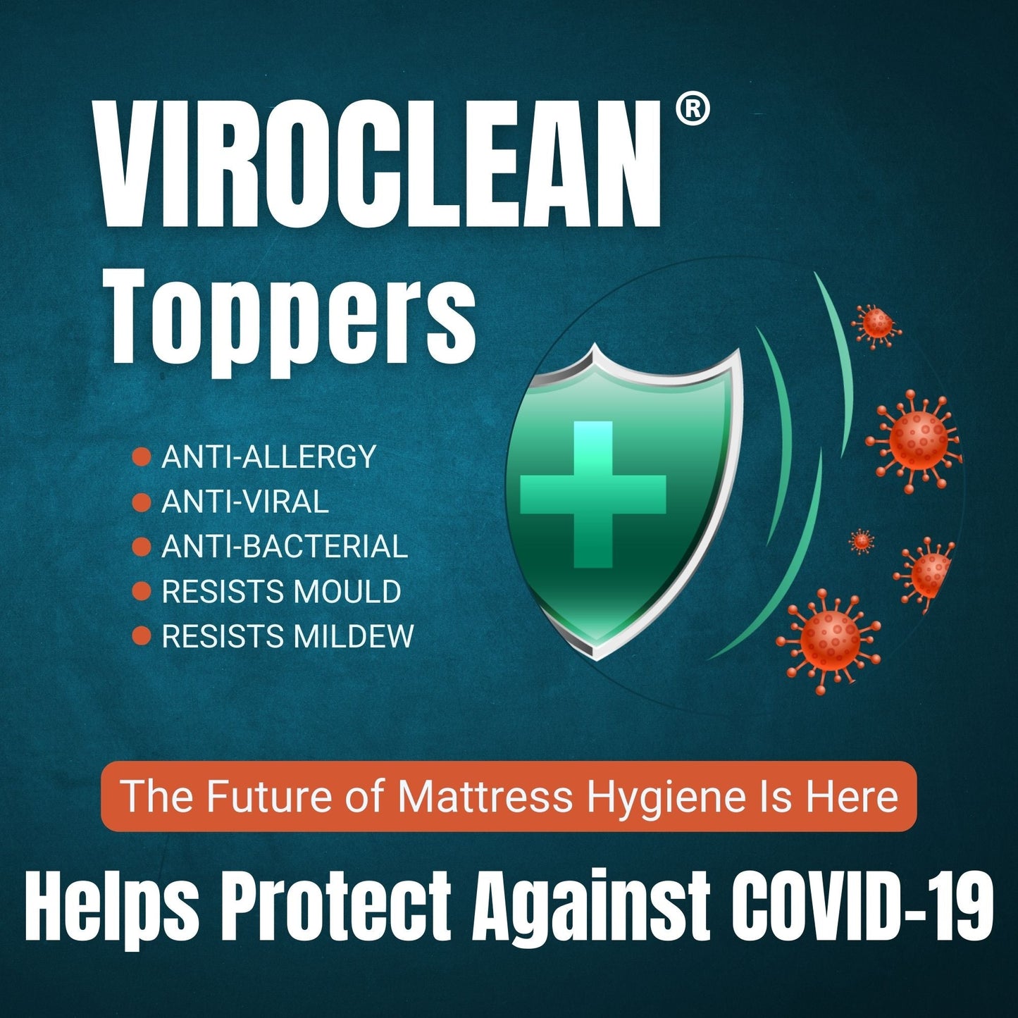 Viroclean technology banner: Anti-viral, anti-bacterial, anti-allergen fabric for ultimate hygiene and protection.