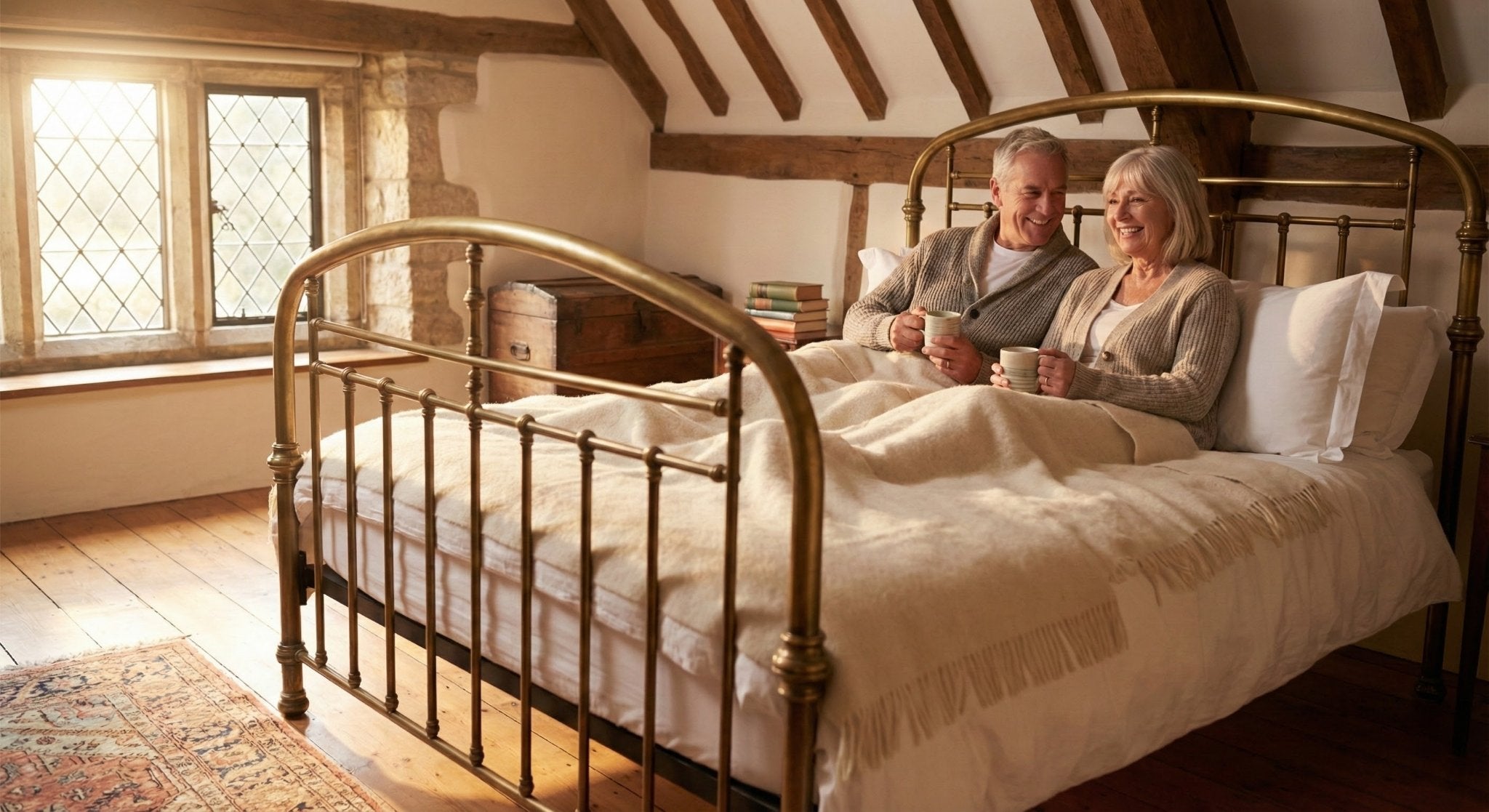 Couple enjoying morning tea on a custom mattress in an antique brass bed frame in a period cottage bedroom